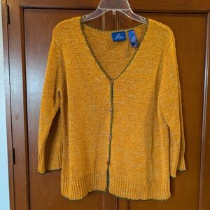 Women's Mustard Knit Cardigan Sweater With Green Trim Like New